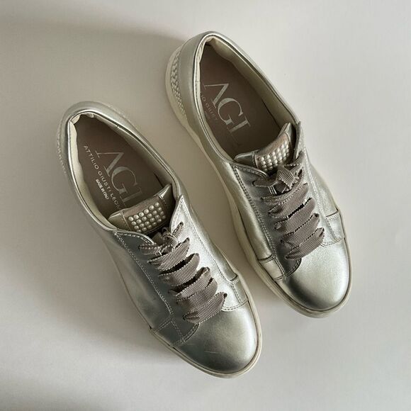 AGL Attilio Giusti Lembrodi Leather Platform Sneaker Faux Pearl Embellished 39.5 - Picture 11 of 12